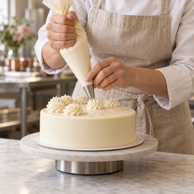 Décoration d'un entremets au laboratoire de L'Avalanche de douceurs